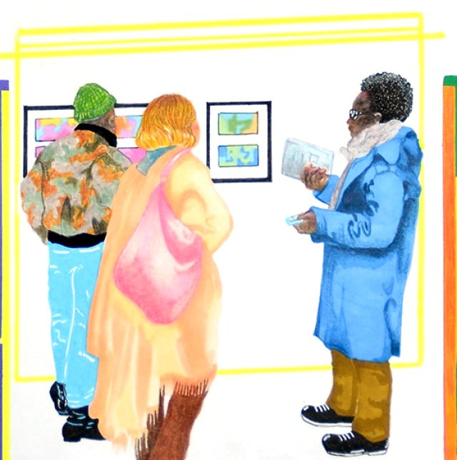 Drawing of people looking at art